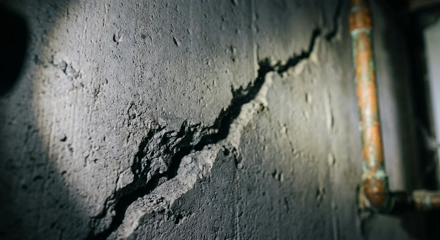 A close-up photograph of a deep diagonal crack in a concrete basement wall, illuminated by a harsh low-angle flashlight.