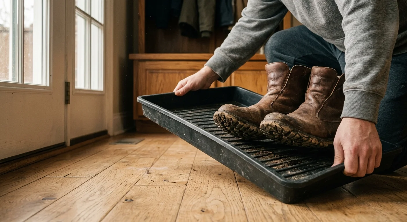 A close-up photograph of a person lifting a black rubber boot tray containing muddy winter boots off an oak floor.