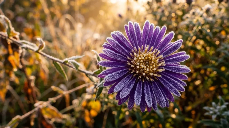 A close-up photograph of a purple aster flower dusted with morning frost in the golden light of an autumn sunrise.