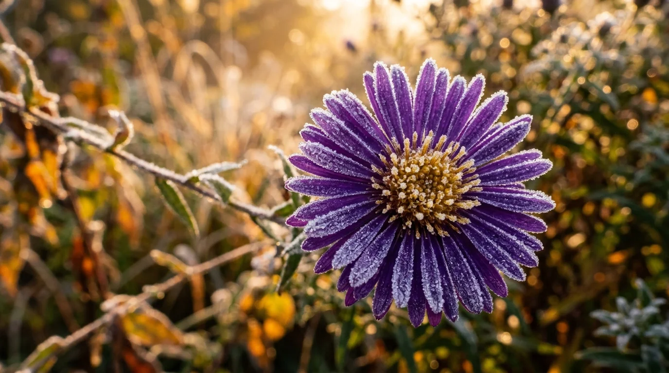 A close-up photograph of a purple aster flower dusted with morning frost in the golden light of an autumn sunrise.