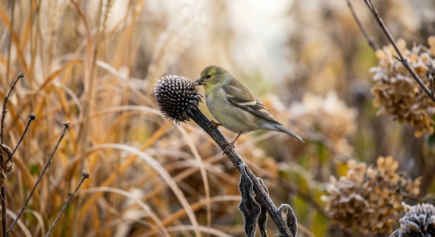 A close-up photograph of an American Goldfinch feeding on a frosted, dried coneflower seed head in a quiet winter garden.