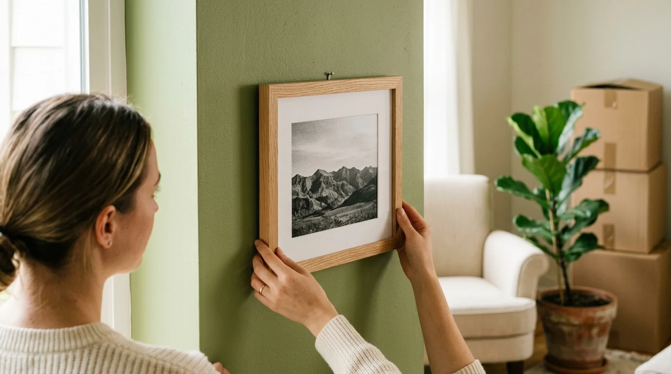 A close-up photograph of hands hanging a framed picture on a soft-green wall in a clean, newly arranged living room.