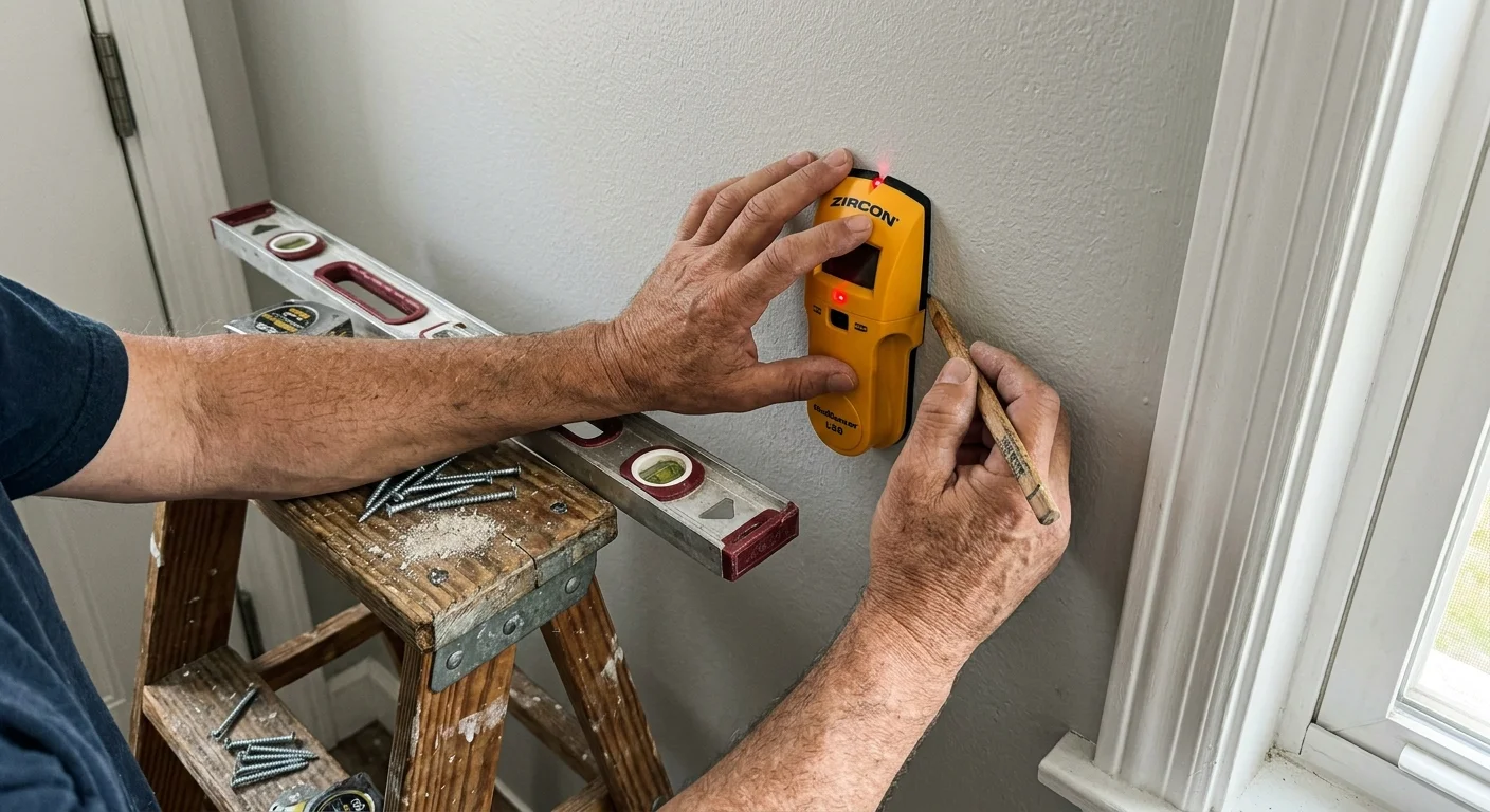 A close-up photograph of hands using an electronic stud finder and pencil to mark wall studs in an entryway.