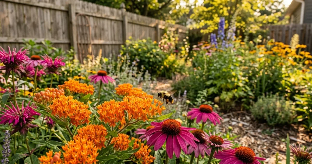A close-up photograph of vibrant orange butterfly weed and magenta coneflowers in a sunny backyard garden with a hovering bumblebee.