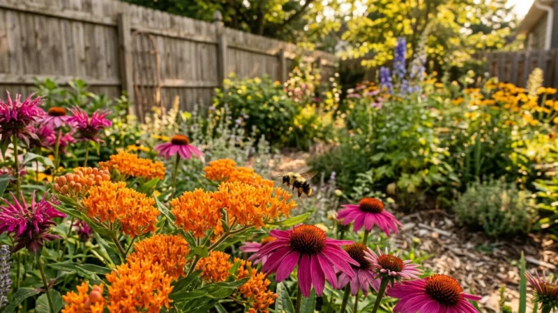 A close-up photograph of vibrant orange butterfly weed and magenta coneflowers in a sunny backyard garden with a hovering bumblebee.