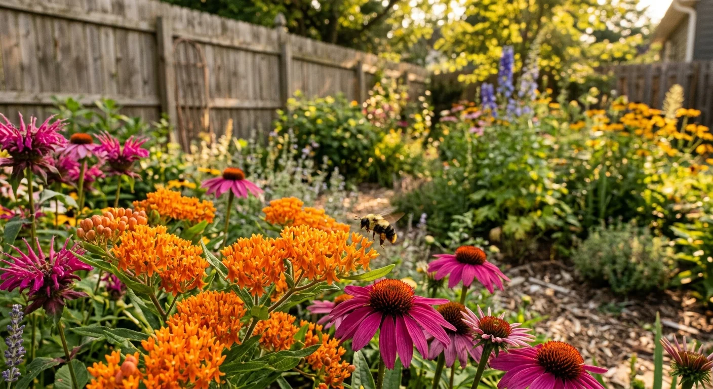 A close-up photograph of vibrant orange butterfly weed and magenta coneflowers in a sunny backyard garden with a hovering bumblebee.