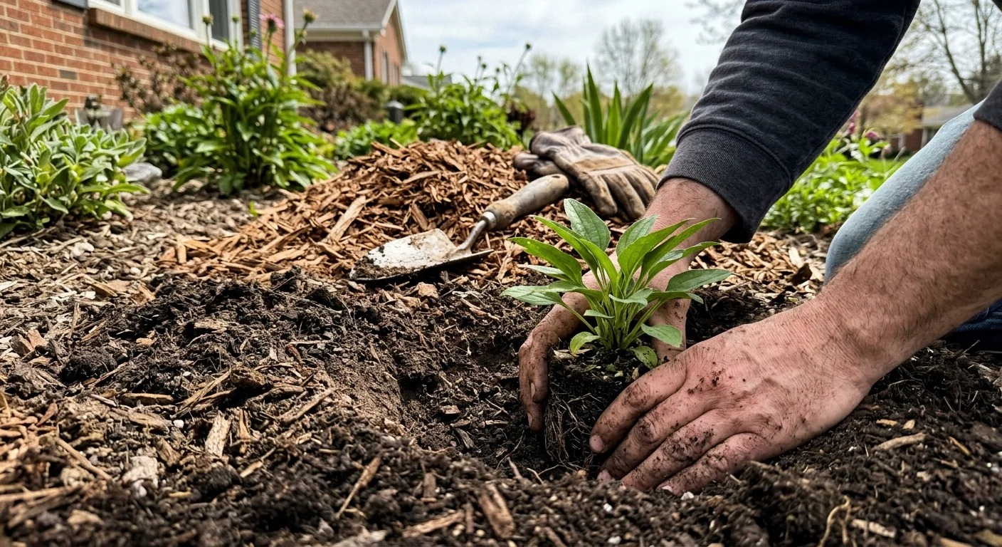 A close-up, realistic photo of hands planting a native coneflower plug into rich soil during a backyard garden installation.
