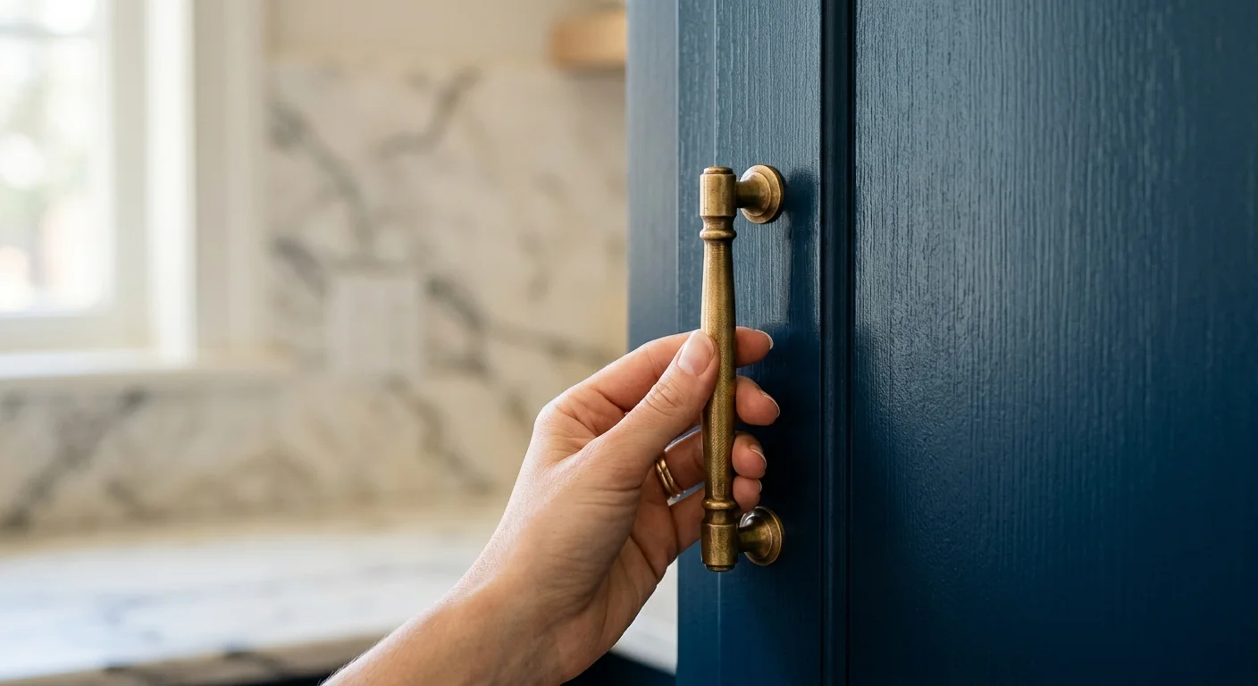 A close-up shot of a hand positioning a brass handle onto a deep midnight blue painted cabinet door with visible wood grain.