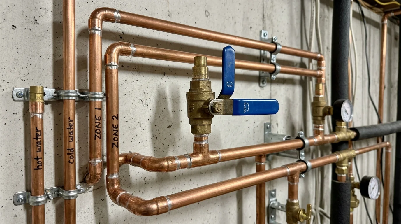 A close-up shot of a professionally installed copper plumbing manifold with parallel pipes on a concrete utility wall.