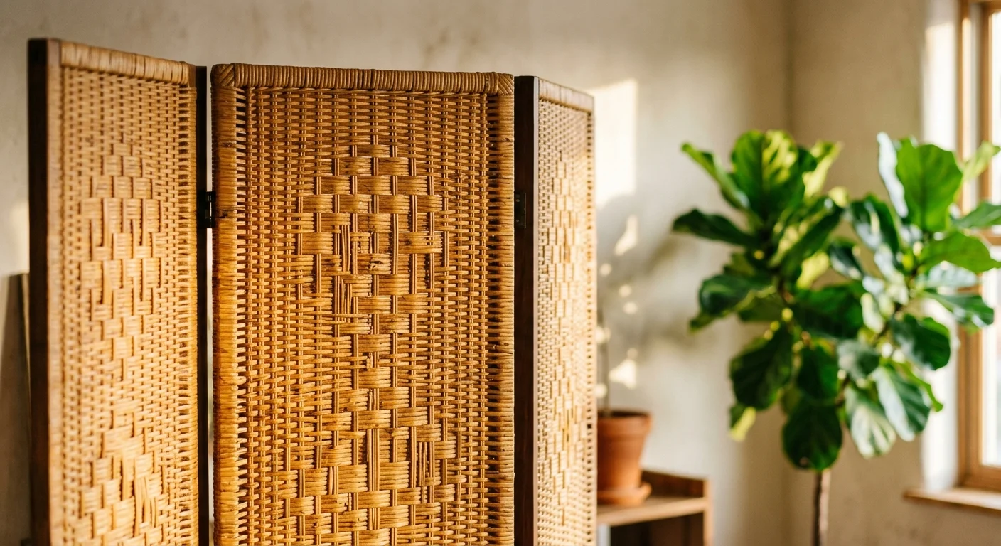 A close-up shot of a woven rattan folding screen divider with warm golden light filtering through the wicker patterns.