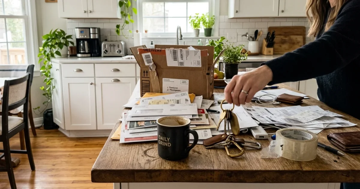 A cluttered wooden kitchen island covered in unopened mail, a coffee mug, keys, and a delivery box, with a hand reaching in.
