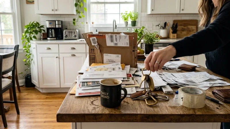 A cluttered wooden kitchen island covered in unopened mail, a coffee mug, keys, and a delivery box, with a hand reaching in.