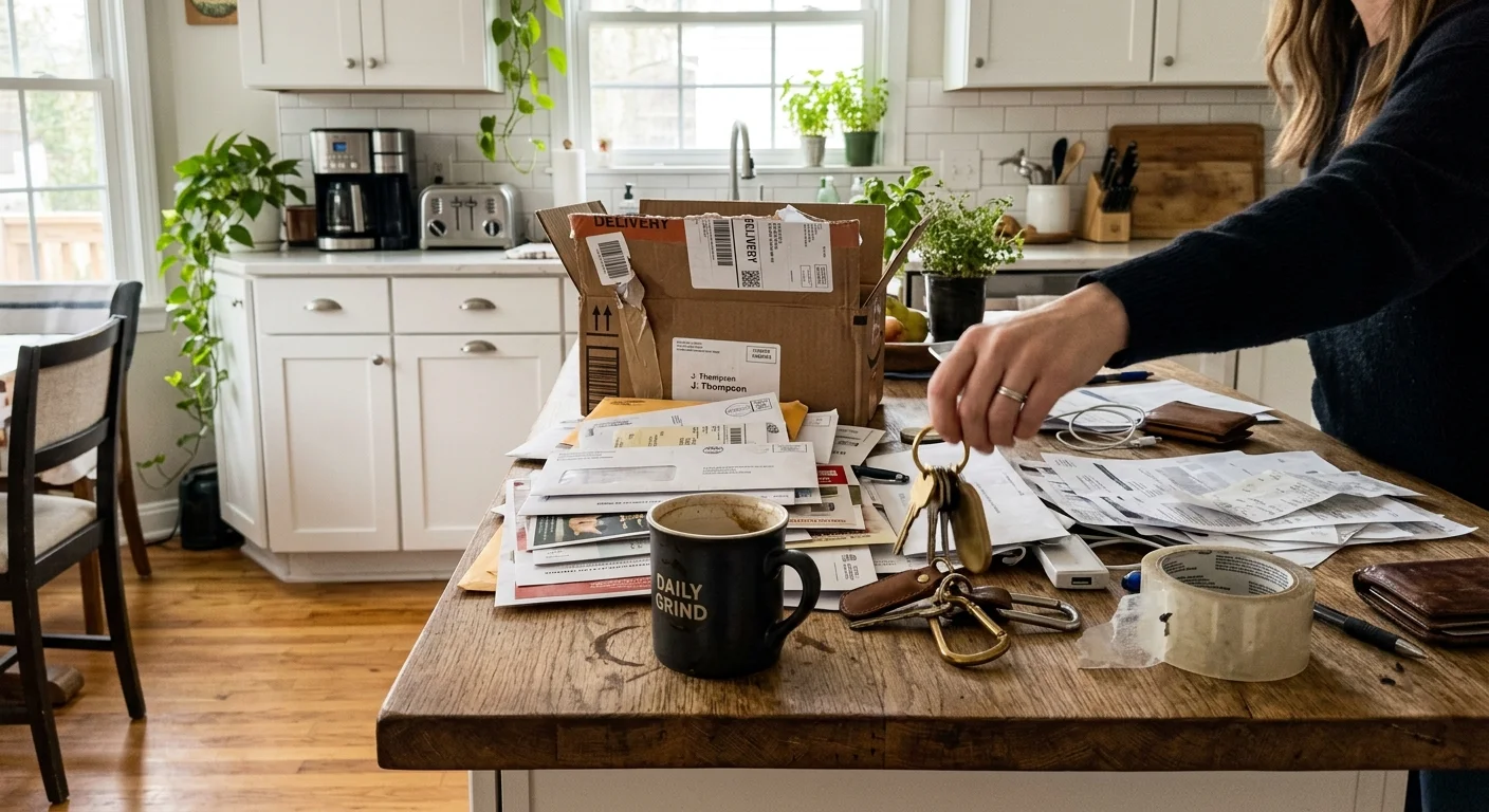 A cluttered wooden kitchen island covered in unopened mail, a coffee mug, keys, and a delivery box, with a hand reaching in.