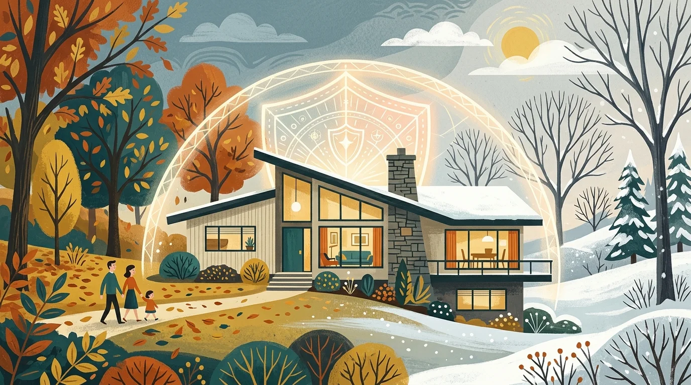 A colorful gouache illustration of a house under a protective shield during a transition from autumn to winter.