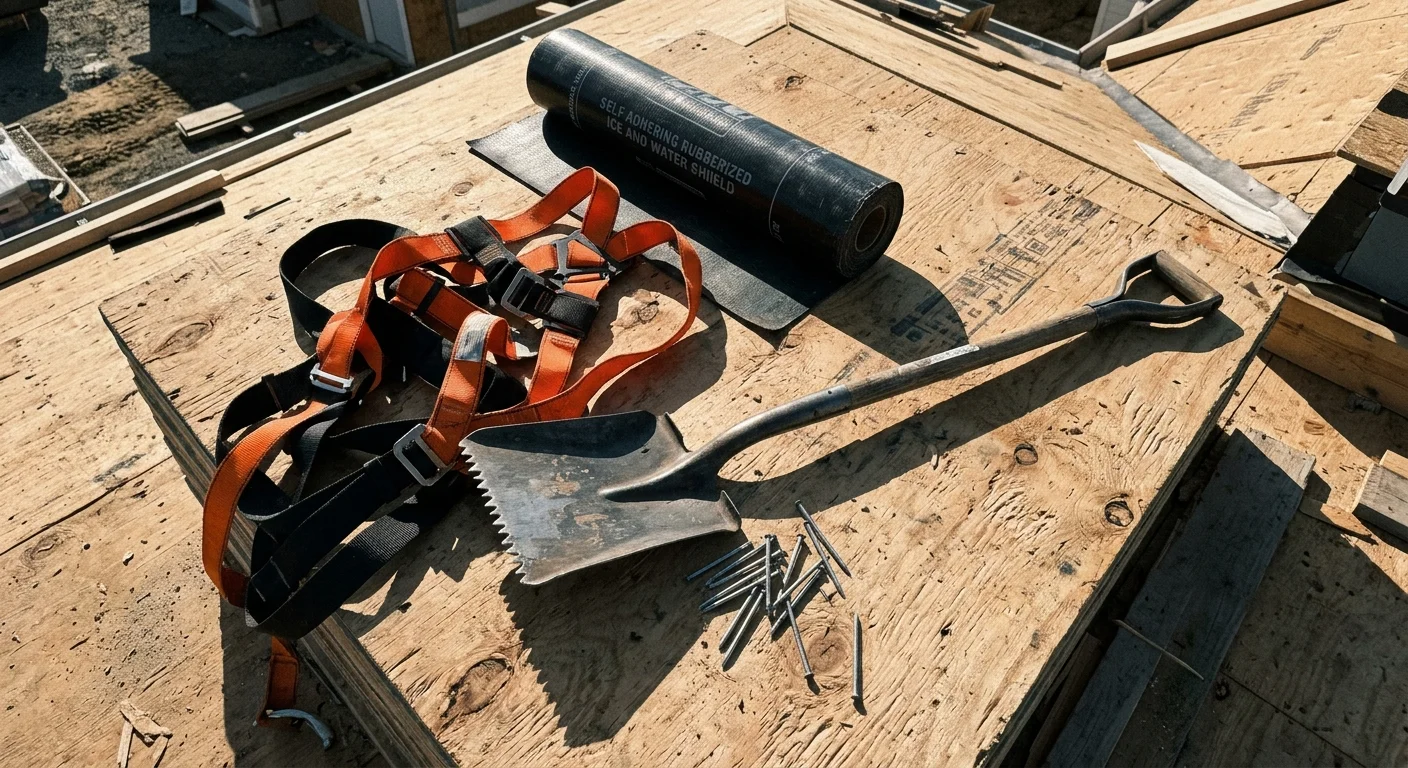 A contractor's safety harness, underlayment roll, and tear-off shovel laid flat on a textured sheet of CDX plywood.