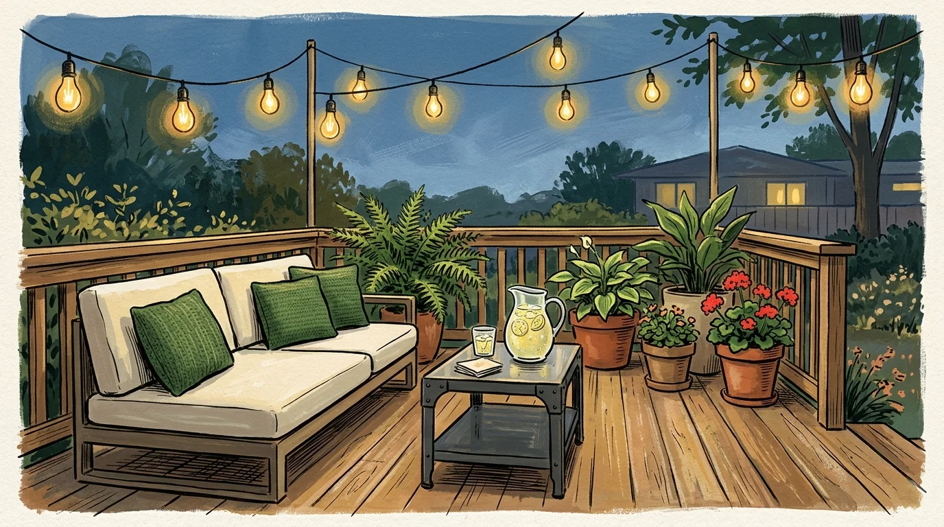 A cozy gouache illustration of a styled outdoor deck with modern furniture, green plants, and glowing string lights at twilight.