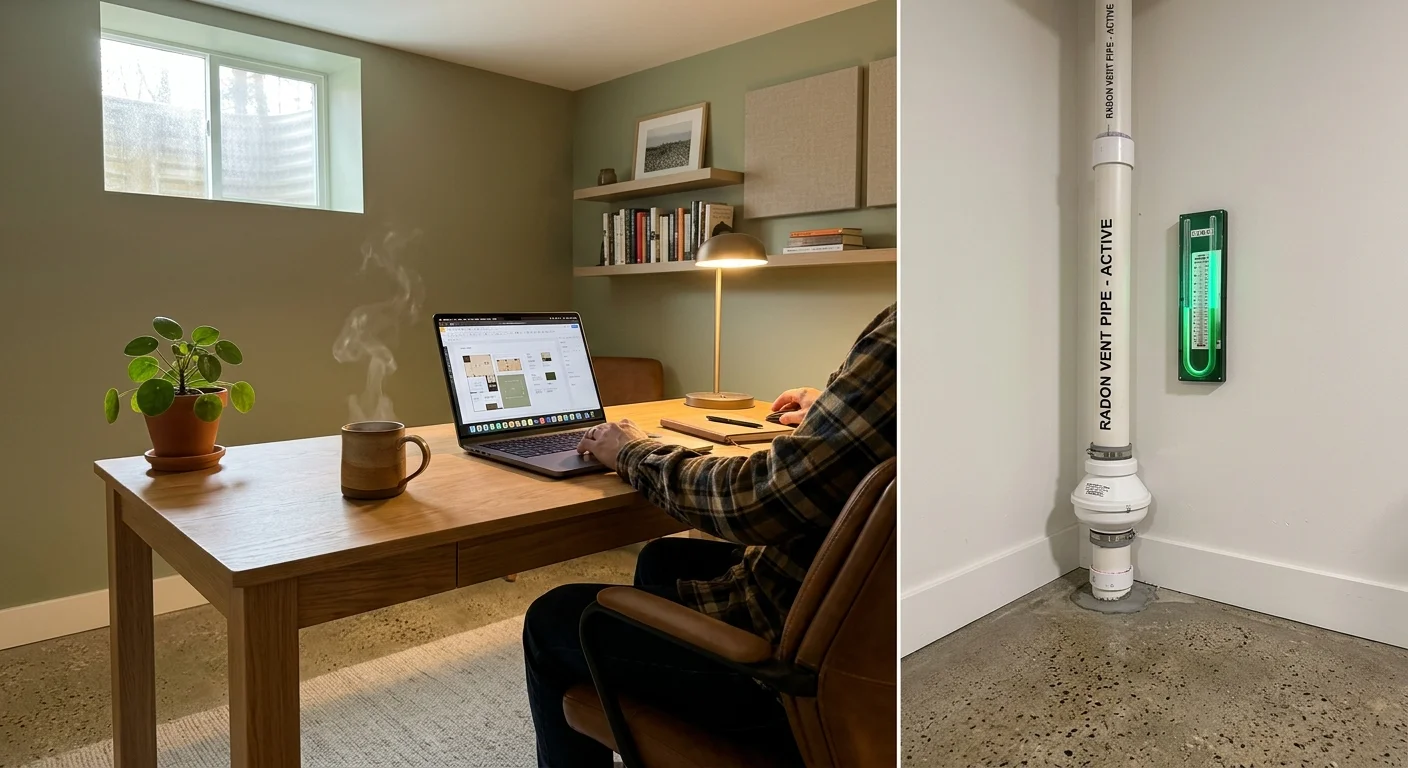 A cozy, sunlit basement home office with a polished concrete floor and a neatly integrated white radon mitigation pipe in the corner.