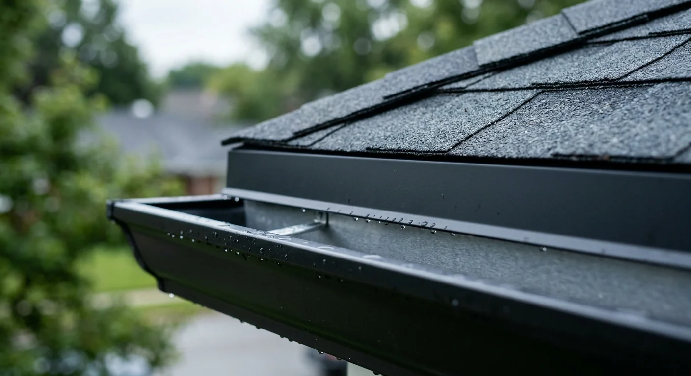 A detailed macro shot of water droplets clinging to a clean black aluminum gutter and architectural shingles after rain.