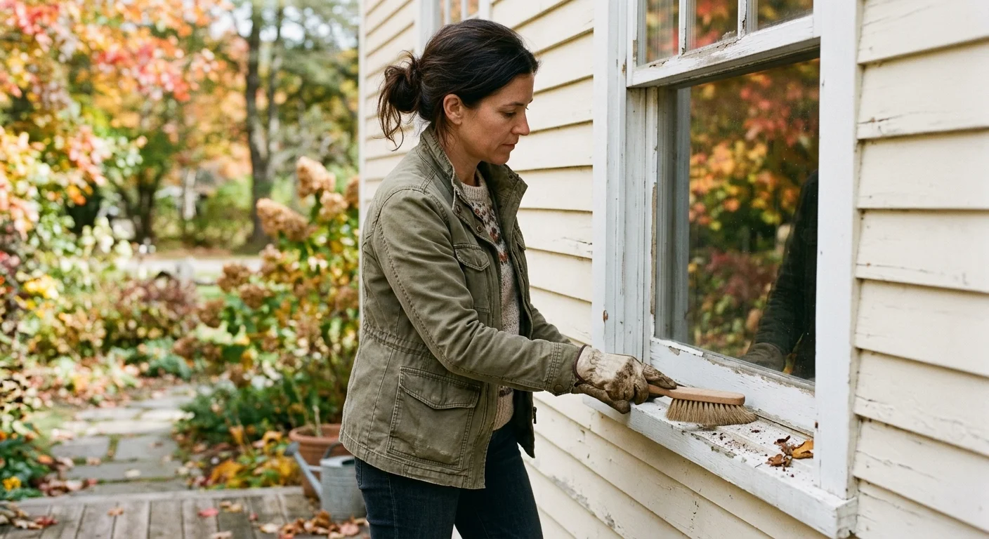 A film-style photo of a person cleaning the exterior frame and sill of a window on a clear autumn day.