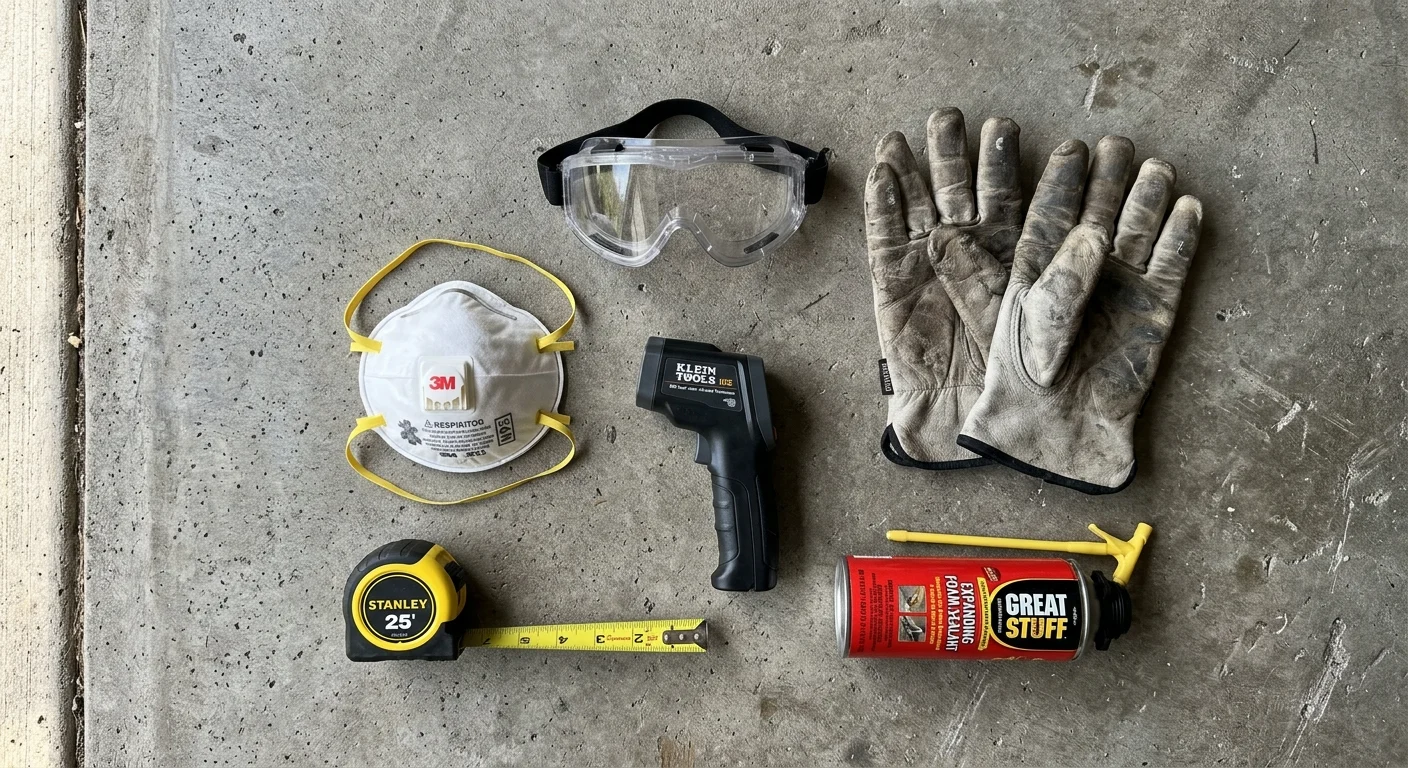 A flat lay of attic insulation prep tools including an N95 mask, leather gloves, goggles, tape measure, and expanding foam.