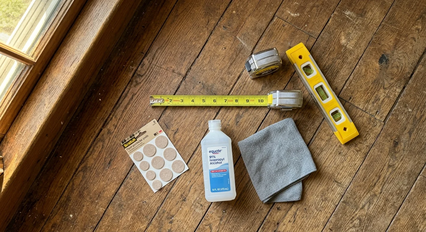 A flat lay of tools on a wooden floor, including a tape measure, bubble level, isopropyl alcohol, a microfiber cloth, and felt pads.