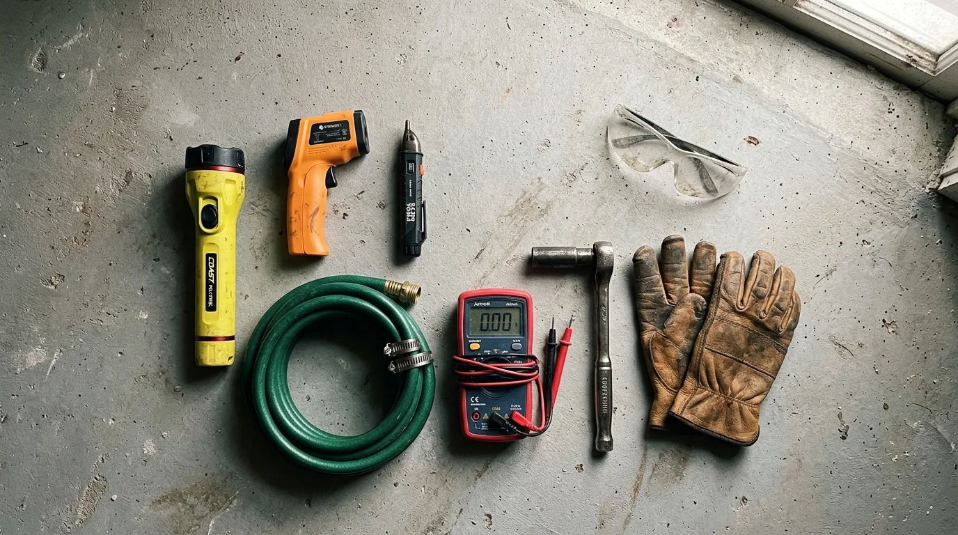 A flat lay of water heater diagnostic tools including a multimeter, flashlight, thermometer, and safety gear on a concrete floor.