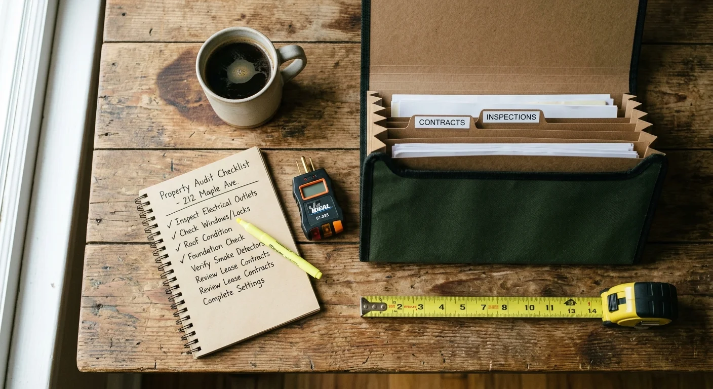 A flat lay photo of a property audit kit including a tape measure, accordion folder, outlet tester, notepad, and a coffee mug on a wooden ta