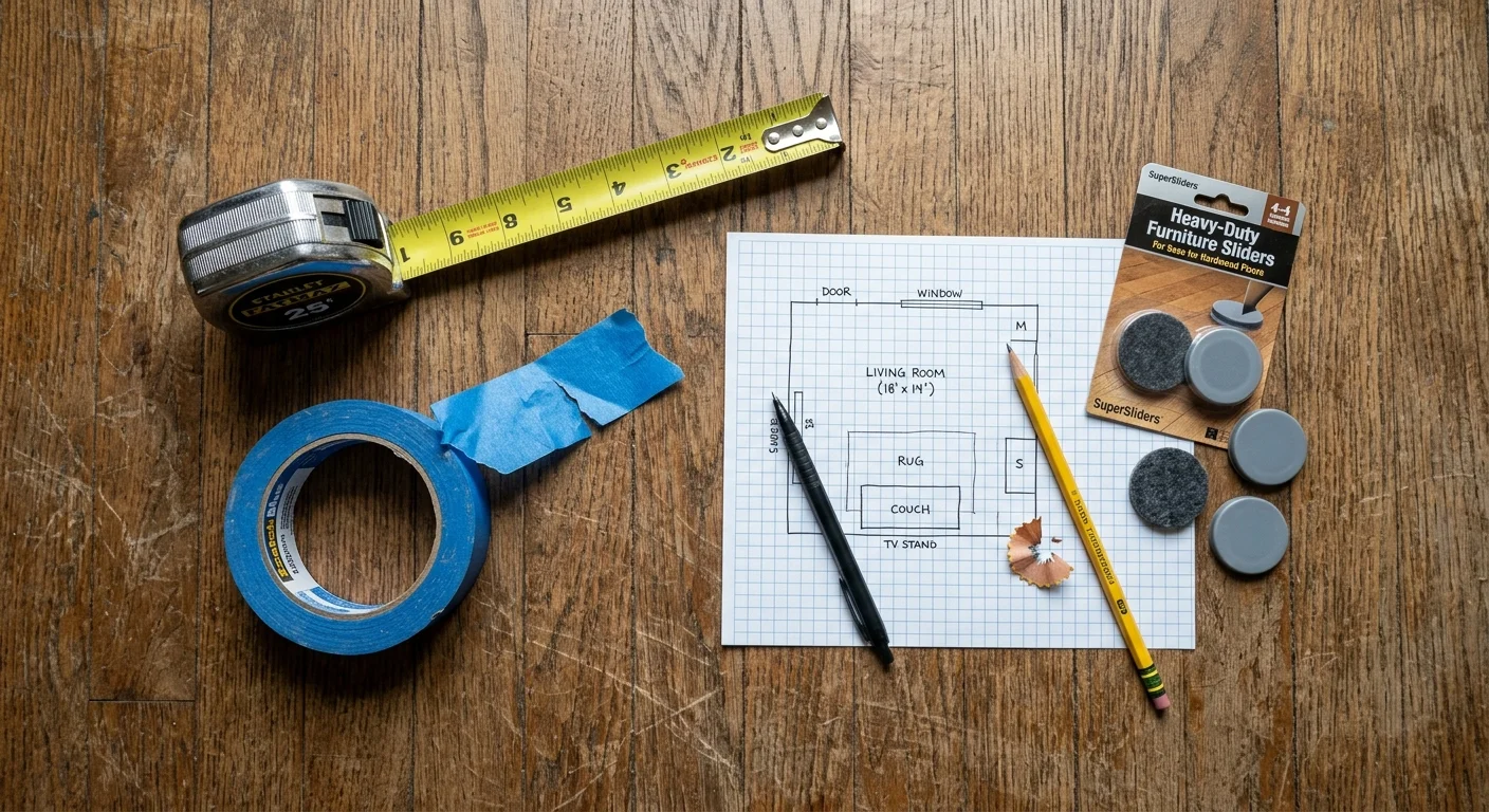 A flat-lay photo of blue painter's tape, a 25-foot tape measure, and furniture sliders on a hardwood floor.