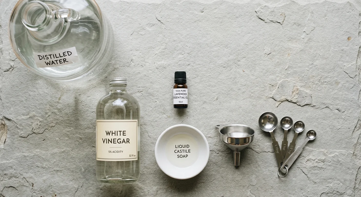 A flat lay photograph of ingredients for DIY cleaner: white vinegar, distilled water, lavender essential oil, castile soap, and a funnel.