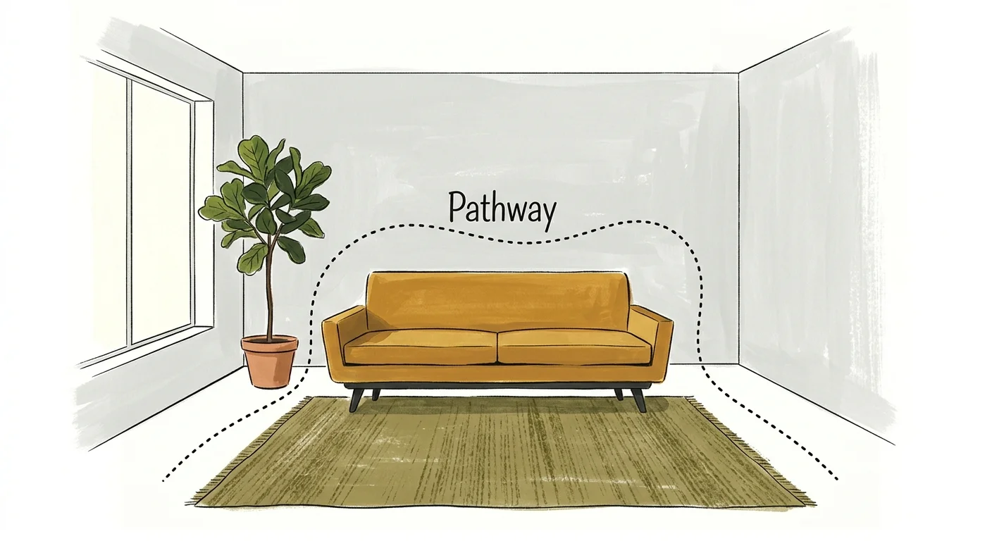 A gouache illustration showing a yellow sofa floated away from the walls with a walking path highlighted behind it.