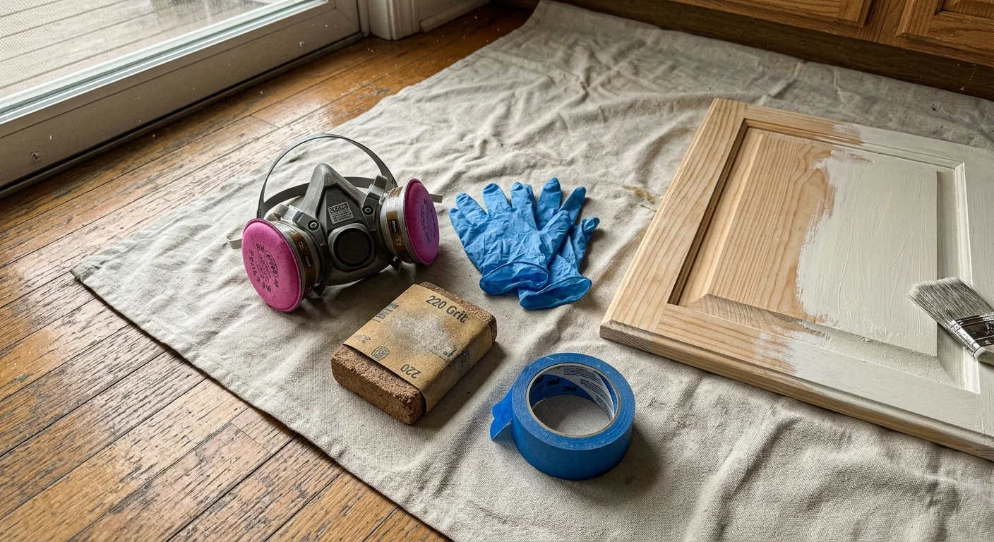 A high-angle photo of DIY sanding and painting tools, including a respirator, sanding block, and painter's tape, laid out on a drop cloth.