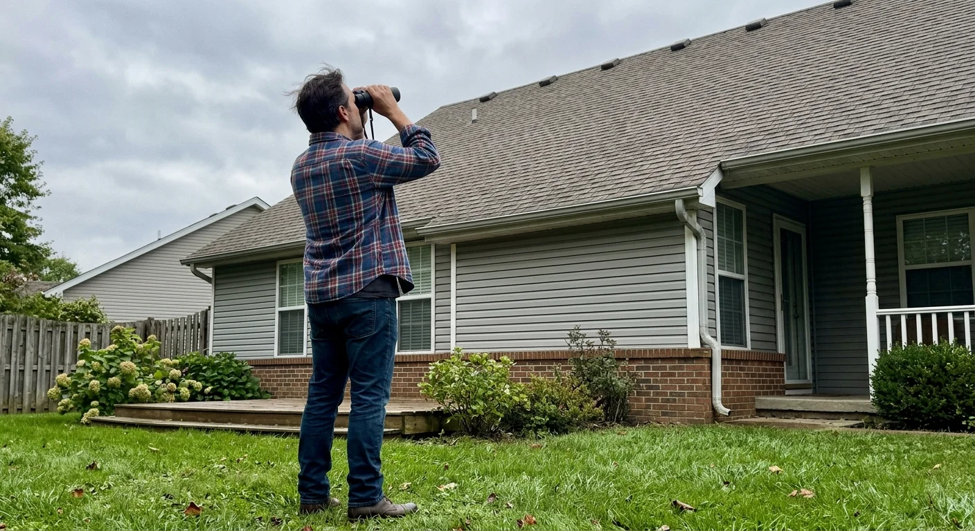 A homeowner in a flannel shirt looks up at a suburban house roof through binoculars on an overcast day.