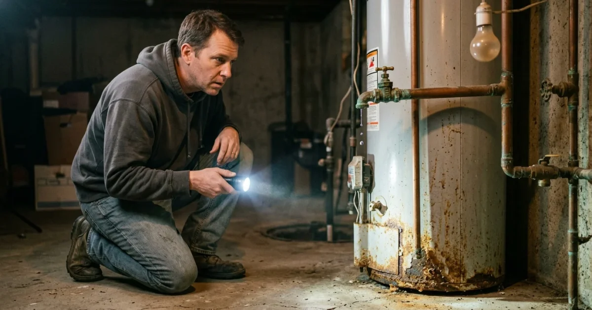 A homeowner shines a flashlight on the rusted base of an old basement water heater, searching for leaks.