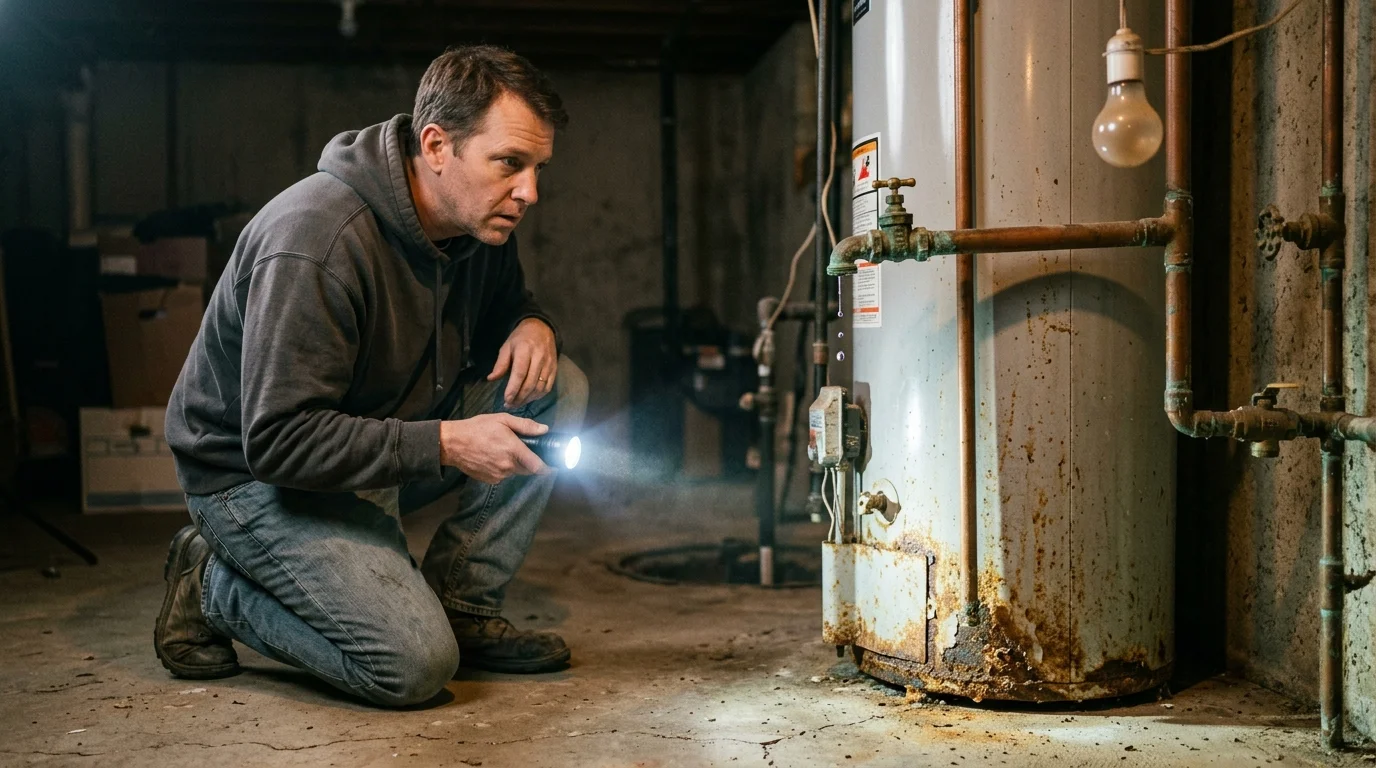 A homeowner shines a flashlight on the rusted base of an old basement water heater, searching for leaks.