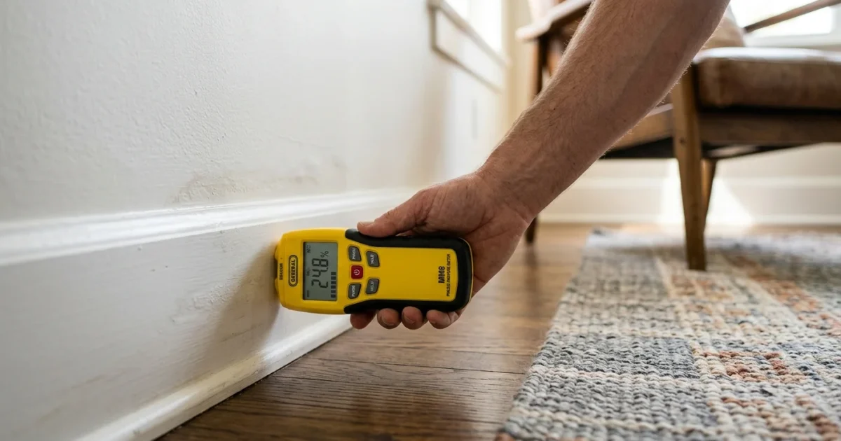 A homeowner using a digital moisture meter to inspect a faint water stain on a living room baseboard.