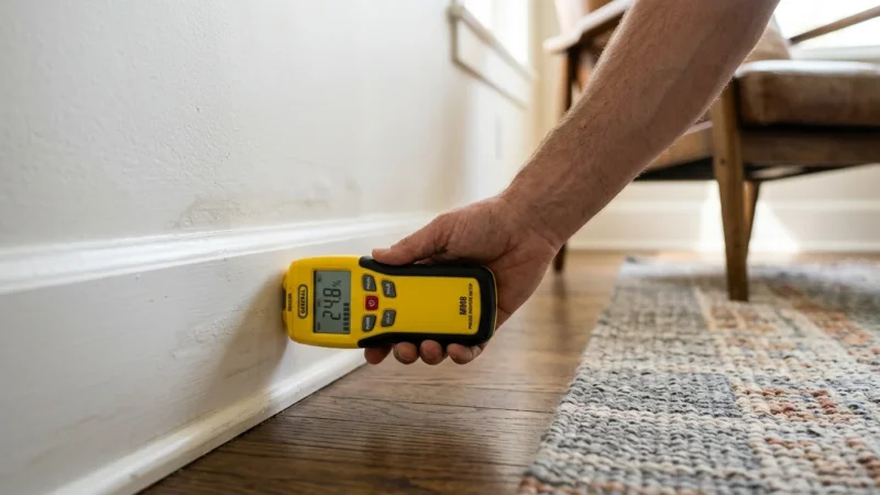 A homeowner using a digital moisture meter to inspect a faint water stain on a living room baseboard.
