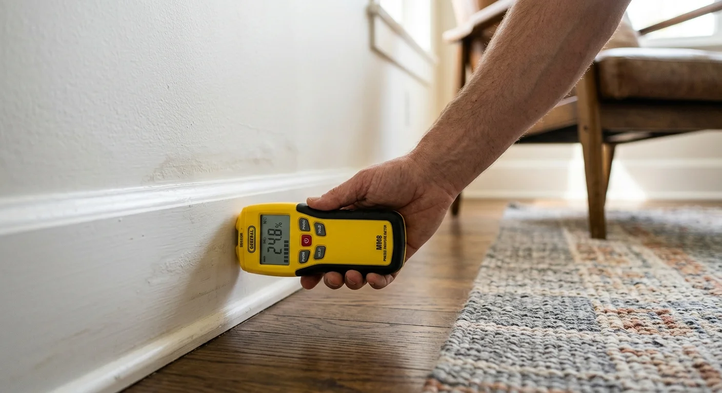 A homeowner using a digital moisture meter to inspect a faint water stain on a living room baseboard.