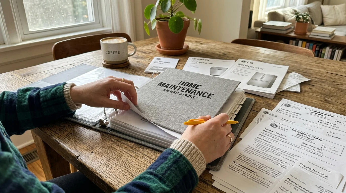 A homeowner’s hands organizing home maintenance documents in a binder on a rustic wooden table in warm morning light.