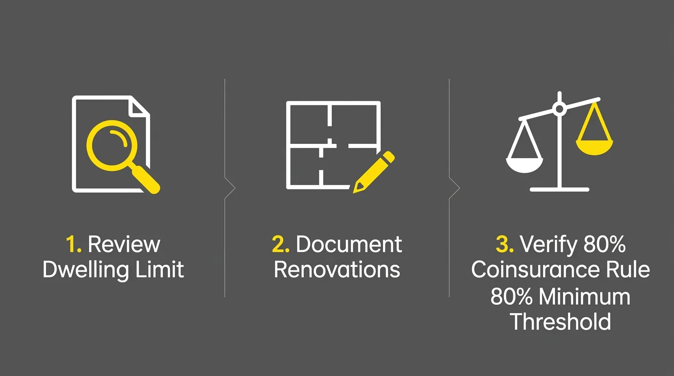 A horizontal 3-step infographic showing the steps: Review Dwelling Limit, Document Renovations, and Verify 80% Coinsurance Rule.