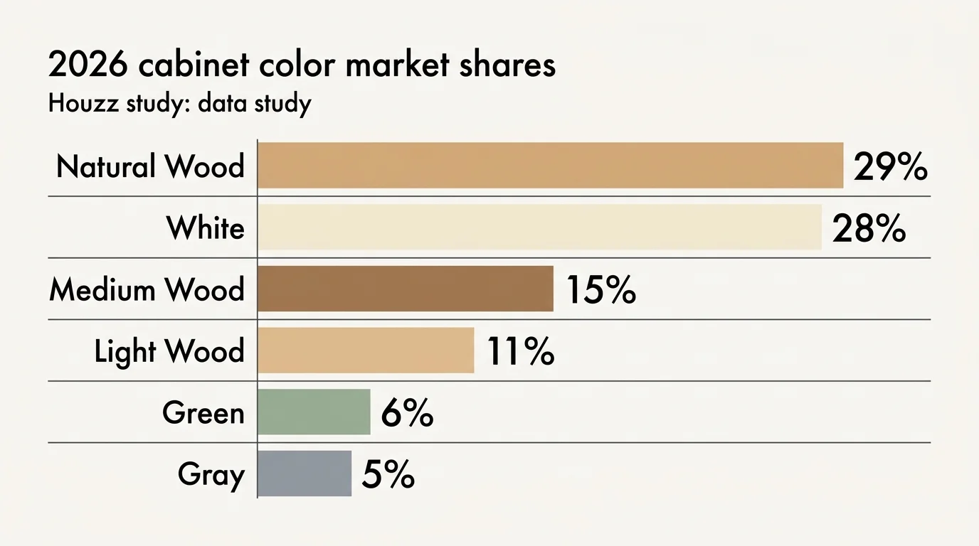 A horizontal bar chart visualizing the 2026 Houzz study data on kitchen cabinet color market share, showing natural wood leading at 29%.