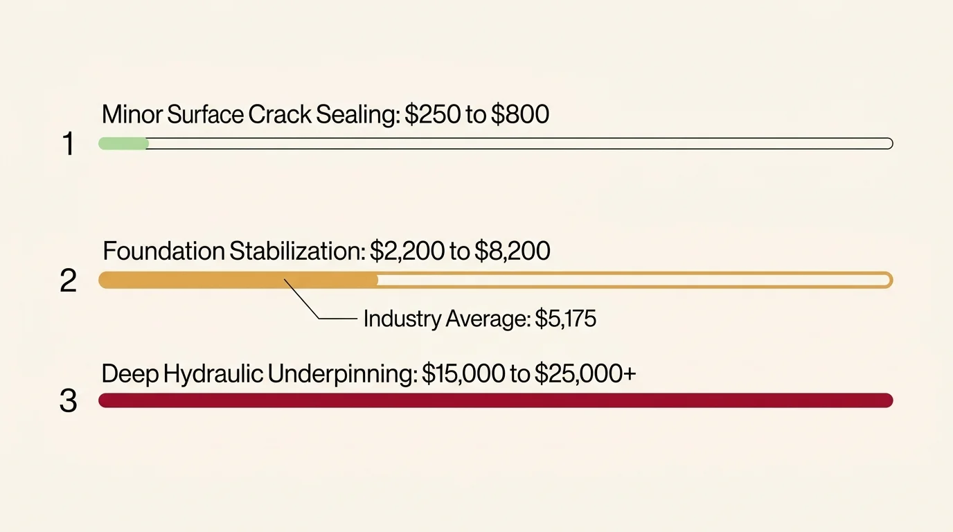 A horizontal cost comparison bar chart showing the price ranges for minor crack sealing, foundation stabilization, and deep underpinning.