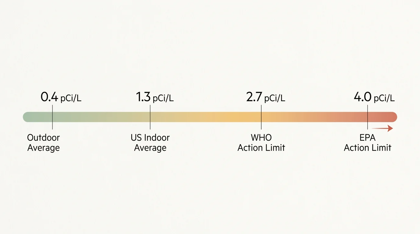 A horizontal data scale comparing outdoor radon averages, indoor averages, and the WHO and EPA safety limits in pCi/L.