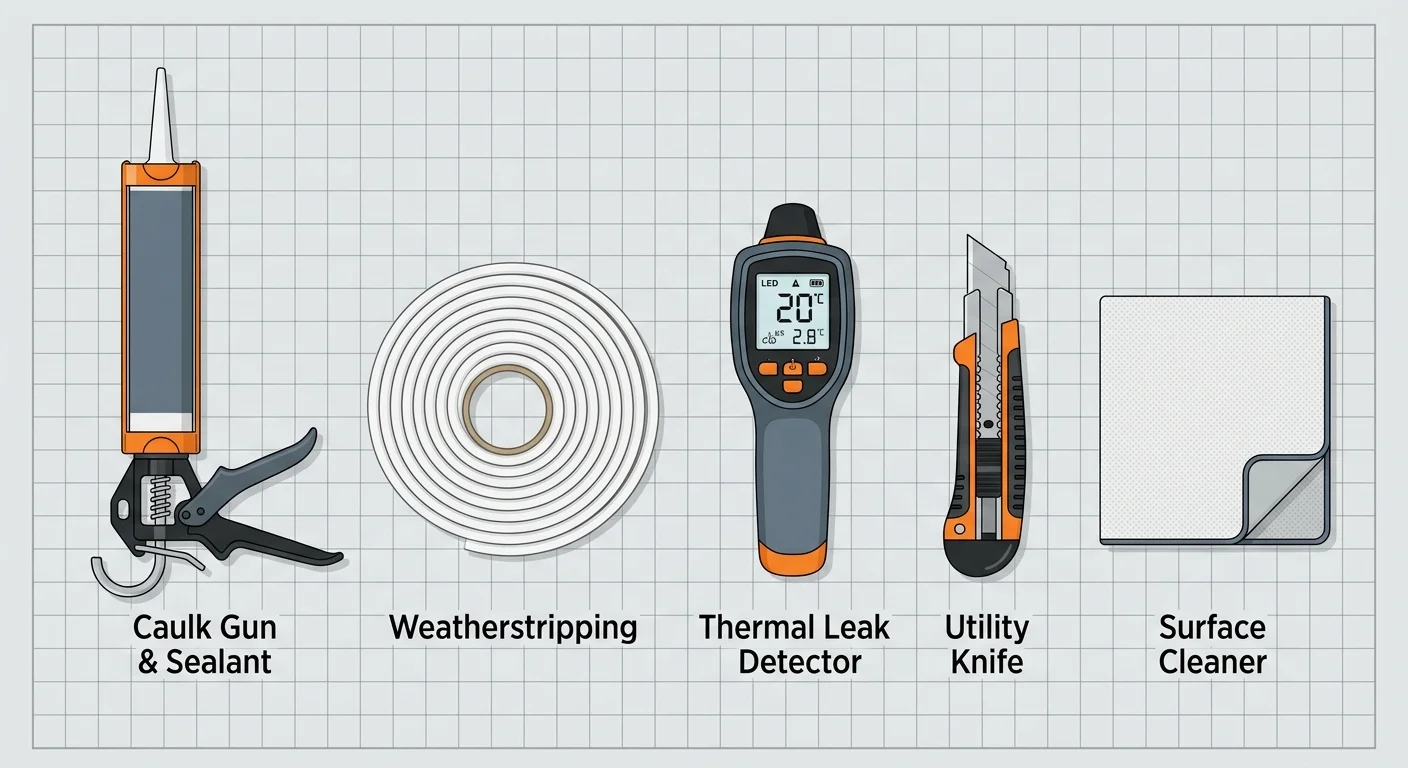 A horizontal infographic layout displaying labeled tools like a caulk gun, weatherstripping, and a thermal leak detector.