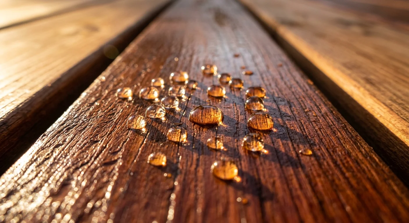 A macro photograph of water droplets tightly beading on a freshly sealed, rich reddish-brown redwood deck board.