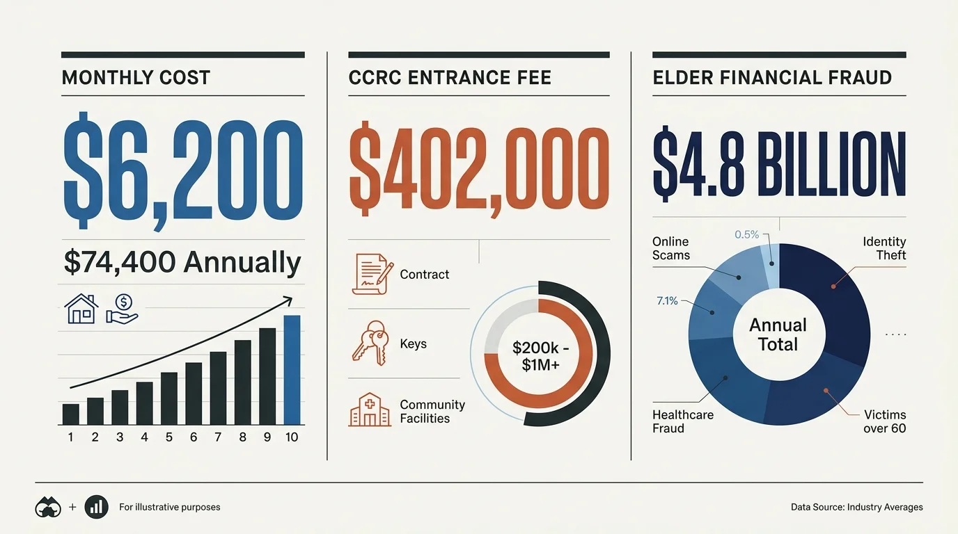 A minimalist data infographic showing financial statistics: $6,200 monthly cost, $402,000 entrance fee, and $4.8 billion fraud losses.