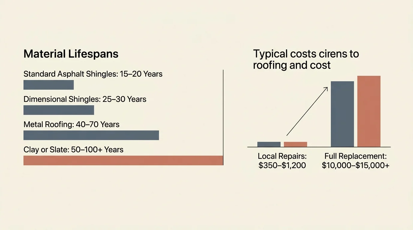 A minimalist diagram comparing roofing material lifespans and average repair costs versus full replacement fees.
