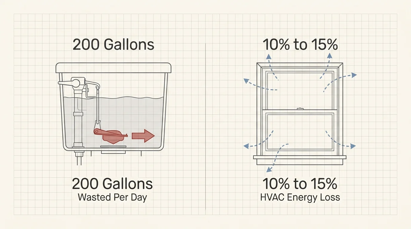 A minimalist diagram illustrating water waste from a running toilet and energy loss from a drafty window.
