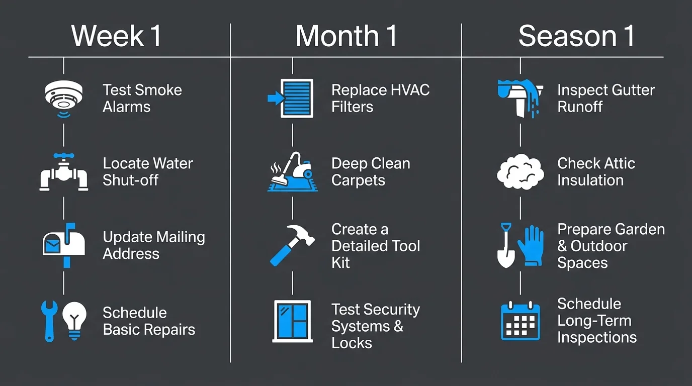 A minimalist infographic timeline showing home maintenance tasks divided into Week 1, Month 1, and Season 1 post-move milestones.