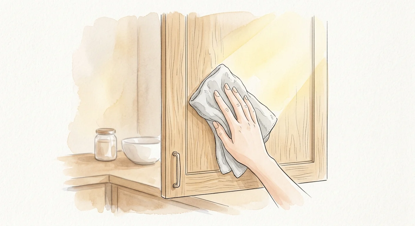 A minimalist watercolor illustration of a hand using a soft cloth to gently wipe down a light oak wood cabinet door.