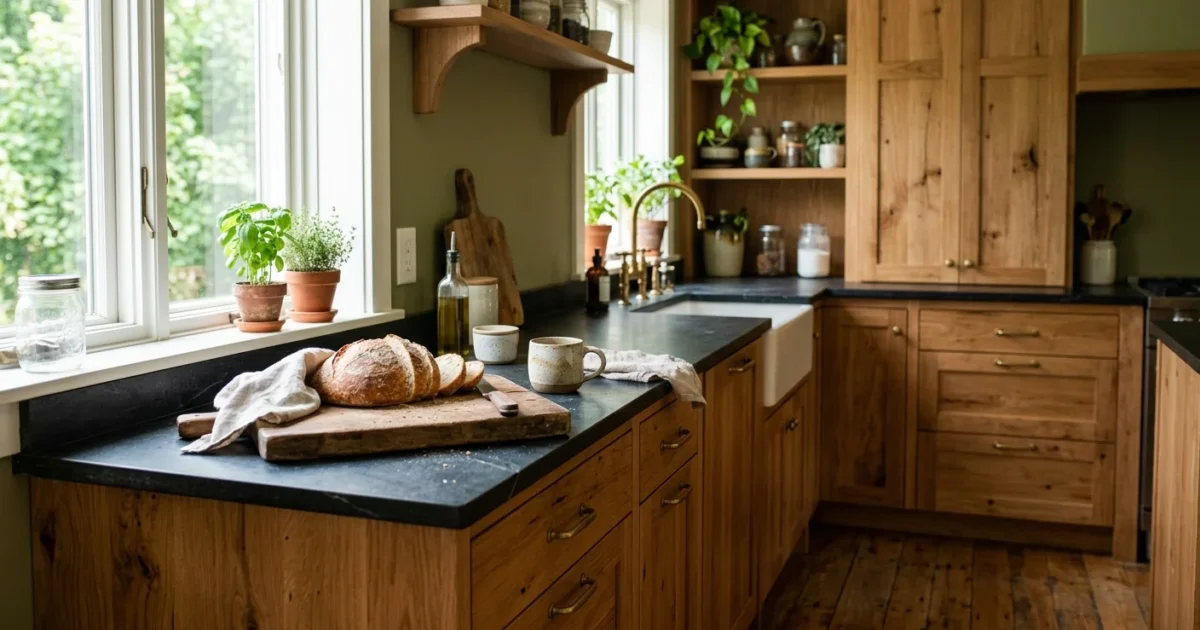 A modern kitchen showcasing warm medium-tone wood cabinets, a dark soapstone countertop, and elegant brass hardware under natural morning li